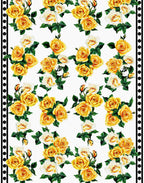 Yellow and ivory roses with green leaves and black polka-dot borders printed on white Italian silk satin.
